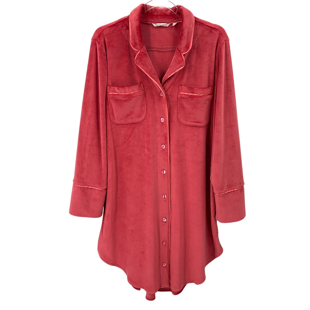 Soft Surroundings Sleep Shirt Womens L Coral Pink Velour Button Front Classic